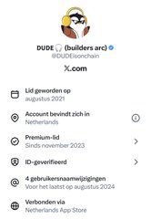 A profile page for 'DUDE: builders.arc' (DUDEcoinchain) showing account details including August 2021 listing, Netherlands location, and premium membership.