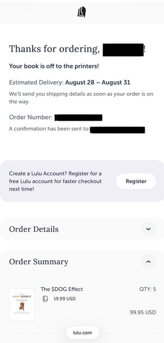 A Lulu order confirmation email thanking a customer for ordering 'The $DOG Effect' book, with quantity 5 totaling $99.95 USD, estimated delivery August 28-31.