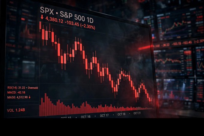 A financial chart showing the S&P 500 (SPX) index down 2.30% to 4,380.12, displayed in red with bearish candlesticks and indicators including RSI(14): 31.22 Oversold, MACD: -42.18, MA50: 4,512.90, and VOL 1.24B.