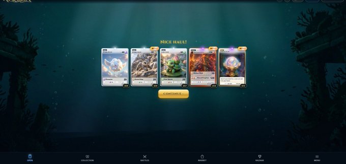 A digital card game interface showing five Magic: The Gathering cards displayed under the text 'NICE HAUL!' with a 'CONTINUE' button.