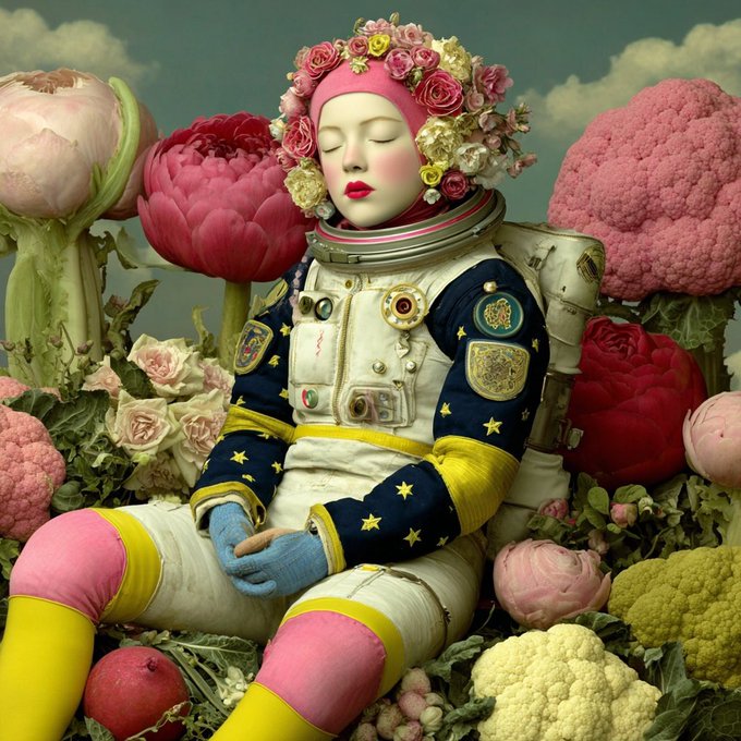 A surreal portrait of a woman in a star-emblazoned astronaut suit with closed eyes, surrounded by an abundance of oversized flowers, broccoli, cauliflower, and fruit.
