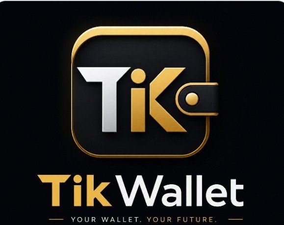 The image displays the Tik Wallet logo, featuring a sleek black and gold wallet icon with the stylized letters "Ti" prominently displayed alongside a wallet buckle detail, accompanied by the tagline "YOUR WALLET. YOUR FUTURE." This branding aligns perfectly with the accompanying post announcing the upcoming launch of Tik Wallet, promoting it as the future of Tik for communities connected through TikChain and TikCoin.
