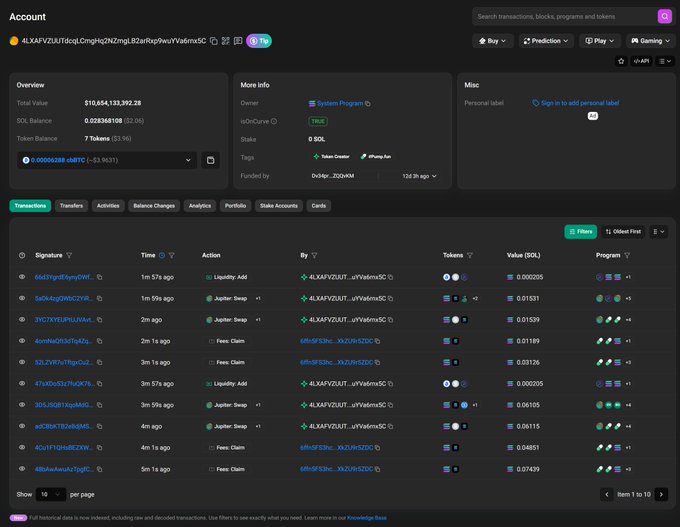 A cryptocurrency account dashboard for the address 4LXAFVZUTdqcqLmcgHqJNZmgL02sRsp9wuV4adnmSC showing a total value of $10,654,135,592.28 and various liquidity add and swap transactions.