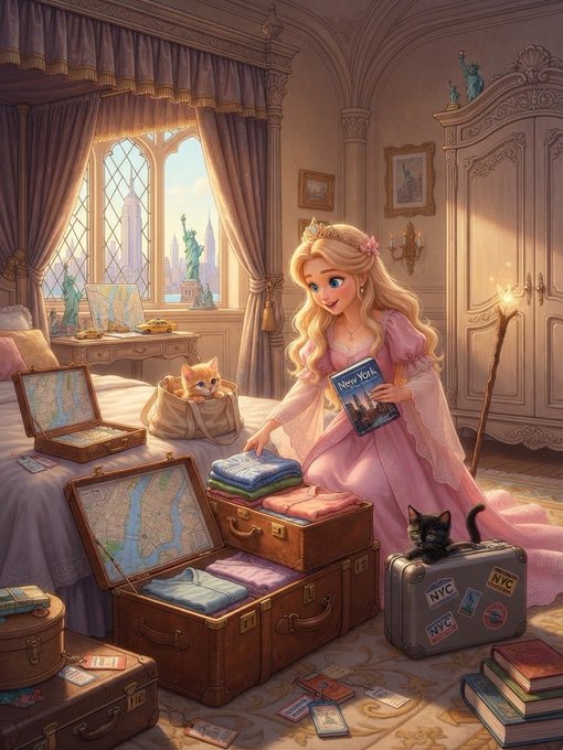 A Disney-style illustration of a blonde princess in a pink gown packing clothes into vintage suitcases and bags in an ornate bedroom, with a ginger cat and a black cat nearby, and the Statue of Liberty visible through the window.