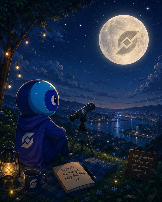 An illustration of a blue character in a hoodie looking through a telescope at a full moon, surrounded by journals with the text 'Reflect. Recharge. Keep Building' and 'Every ending creates room for a new beginning.'