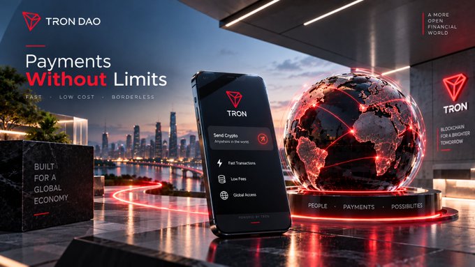 A promotional graphic for TRON DAO displays a smartphone showing the TRON app interface next to a glowing red globe, with text reading 'Payments Without Limits', 'FAST - LOW COST - BORDERLESS', and 'BUILT FOR A GLOBAL ECONOMY'.
