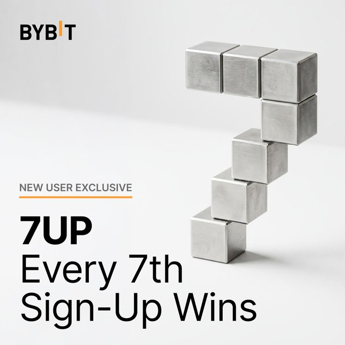 Bybit promotional graphic for a new user exclusive '7UP' promotion where every 7th sign-up wins, featuring the number 7 formed by silver blocks.