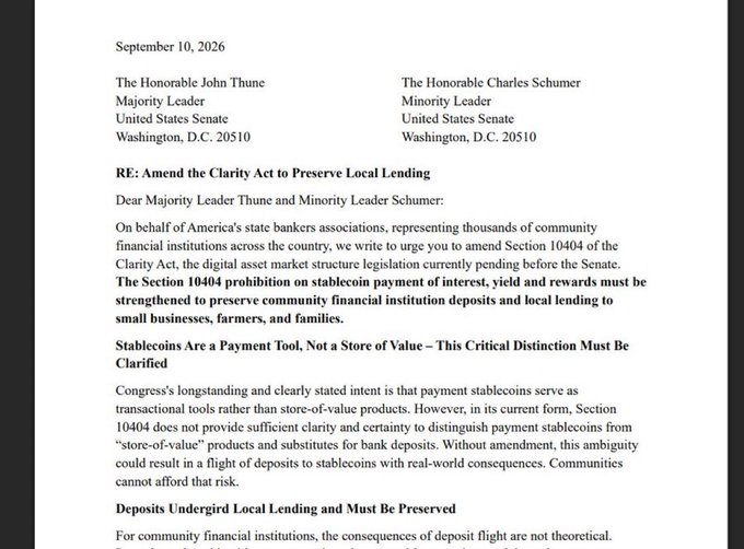 Formal letter dated September 10, 2026, addressed to Senators John Thune and Charles Schumer, titled 'RE: Amend the Clarity Act to Preserve Local Lending', discussing stablecoins and Section 10404.