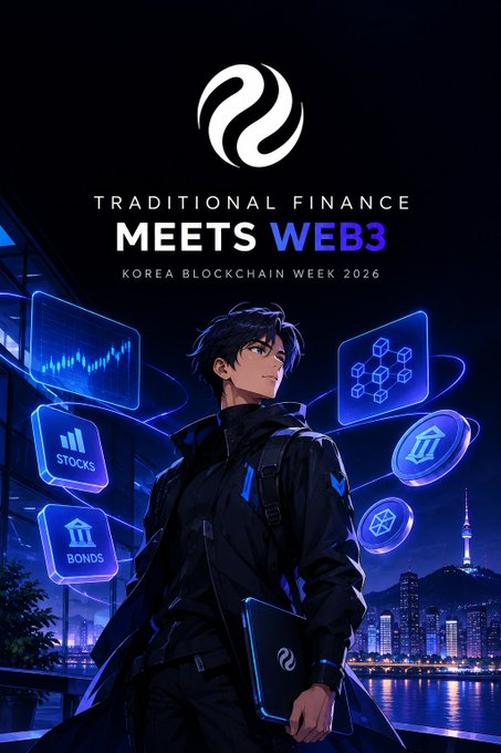 An anime-style promotional poster for "Korea Blockchain Week 2026" features the tagline "TRADITIONAL FINANCE MEETS WEB3," showing a male character with floating holographic panels displaying Stocks, Bonds, and cryptocurrency icons.