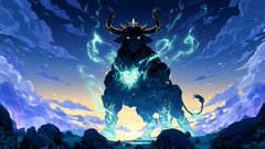 Fantasy artwork of a towering horned creature emanating blue magical energy under a dramatic cloudy sky.