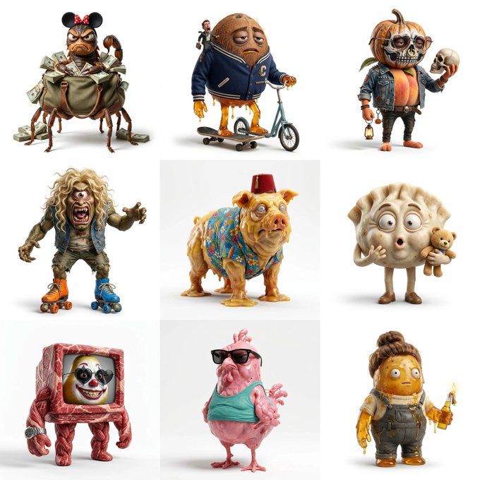 A 3x3 grid of cartoonish character designs including a money-bag tick, a man on a scooter, a pumpkin-headed figure, a pig, and a TV-headed monster.