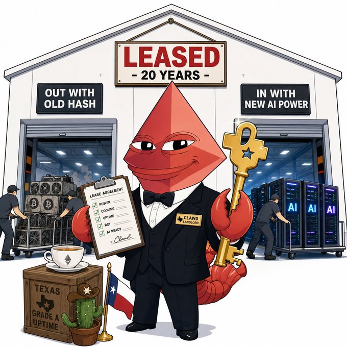 A red Ethereum mascot in a tuxedo holds a golden key and a "Lease Agreement" checklist in front of a warehouse labeled "LEASED - 20 YEARS," with workers moving out old Bitcoin mining rigs ("OUT WITH OLD HASH") and moving in new AI servers ("IN WITH NEW AI POWER"). The image visualizes the post's theme of crypto miners transitioning into AI compute landlords, referencing the 20-year Riot deal in Rockdale, Texas, and the broader shift making GPU-powered compute the new asset class.