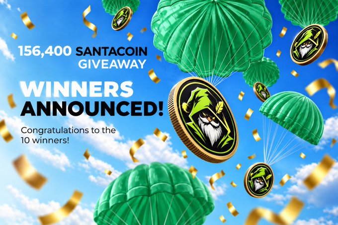 A promotional graphic announces a '156,400 SANTACOIN GIVEAWAY WINNERS ANNOUNCED!' featuring green parachutes delivering gold coins with a bearded character design against a blue sky.