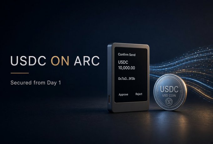 A promotional graphic reads 'USDC ON ARC - Secured from Day 1' next to a hardware wallet displaying 'Confirm Send USDC 10,000.00' and a USDC coin.