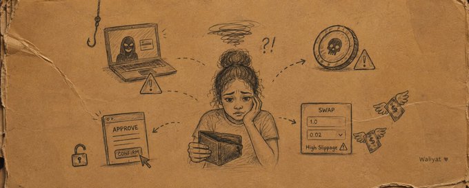 A worried woman holds her wallet at the center of a sketched illustration on aged paper, surrounded by warning symbols of crypto mistakes—a hooded hacker on a laptop labeled "honeypot token," a "High Slippage" swap box with "1.0" and "0.02" values, an "APPROVE" contract window, and a phishing hook—all illustrating the post's theme of costly web3 wallet errors.