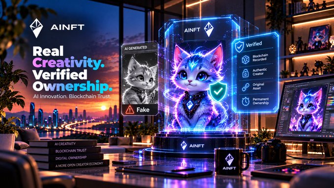 AINFT promotional graphic displaying "Real Creativity. Verified Ownership. AI Innovation. Blockchain Trust," showing a holographic blue cat NFT alongside an "AI Generated" image labeled "Fake," emphasizing blockchain verification features.