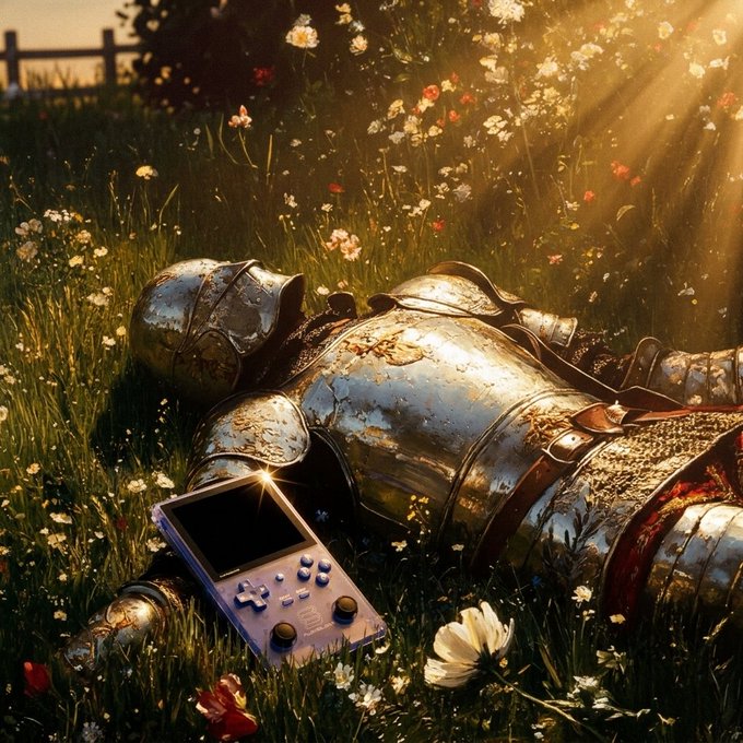 A fallen knight's rusted armor lies in a sunlit meadow of wildflowers, with a modern handheld gaming device resting on the chest plate. The "GM Rest here soldier" caption evokes a poignant farewell to a player, blending the imagery of a warrior laid to rest with the glow of the gaming screen as the only sign of the digital battle now ended.