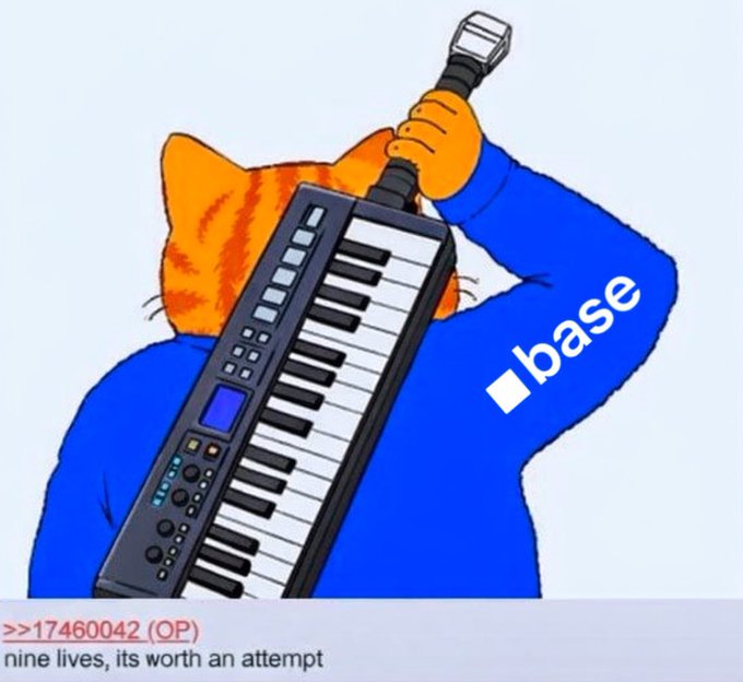 A meme image featuring an orange cat holding a MIDI keyboard controller, with a blue arm displaying the 'base' (Base) logo, and a caption reading '>>17460042 (OP) nine lives, its worth an attempt'.