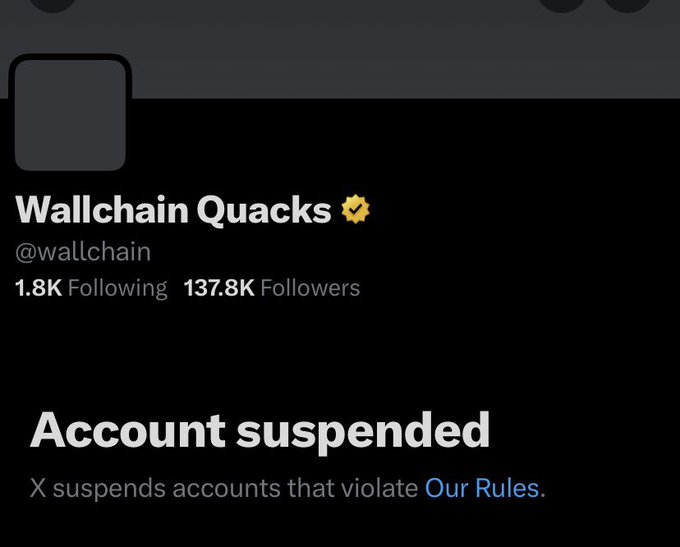 This image shows a post related to Wallchain Quacks, which appears to be an investigation into one or more of their account-related issues. The main focus of this Twitter thread seems to be on the issue surrounding @wallchain Quacks' account suspension, stating that it has been suspended. The tweet reads: "Account suspended. Our rules." with a hashtag indicating the nature of the post - "#wallchainQuacks" and "#ourrules". This discussion revolves around Wallchain Quacks' suspended account, but what specifically went wrong or why is their account suspended is not provided in this particular image.