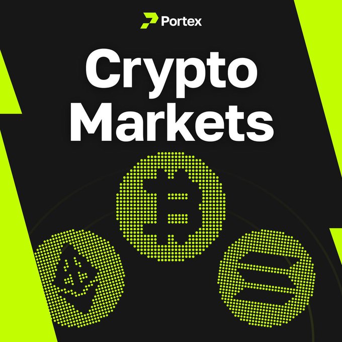 A promotional graphic for 'Portex Crypto Markets' featuring the words 'Crypto Markets' in bold white text alongside pixel-art icons of Bitcoin, an exchange symbol, and Solana on a dark background.