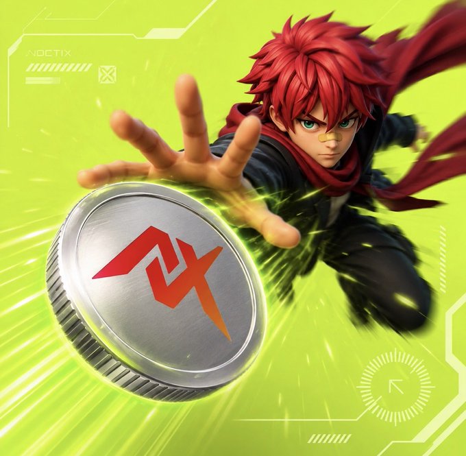 A red-haired anime character with a flowing cape lunges forward to catch a silver coin emblazoned with the orange "NX" logo, set against a vibrant green tech-style background featuring "NOCTIX" branding—perfectly matching the post's announcement of a $NX token drop giveaway for holders.