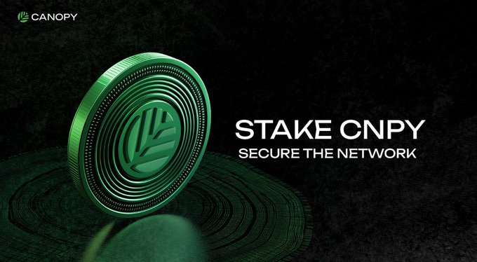 The image promotes staking CNPY tokens with the tagline "STAKE CNPY - SECURE THE NETWORK," featuring a green Canopy-branded coin with the network's logo, connecting to the post's emphasis on making it easier for builders to experiment and develop the network they need.