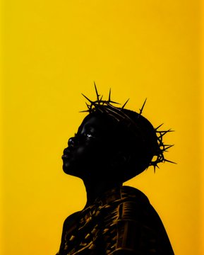 A silhouette of a person wearing a spiked crown against a bright yellow background.