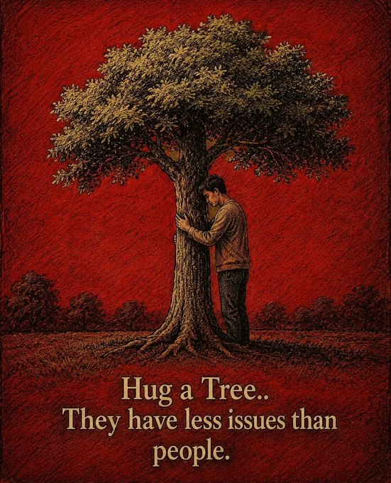 An illustrated image of a person hugging a tree against a deep red background, with the text 'Hug a Tree.. They have less issues than people.'
