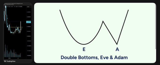 The image shows a TradingView chart on a mobile device alongside an educational graphic illustrating a "Double Bottoms, Eve & Adam" technical analysis pattern. 

Regarding the post's relevance: the image appears to be unrelated or only tangentially connected—the chart shows cryptocurrency trading data on TradingView, but doesn't directly support the promotional claims about "$useless" gaining 150% or whale accumulation, making this look more like a generic technical analysis example paired with speculative promotional content.