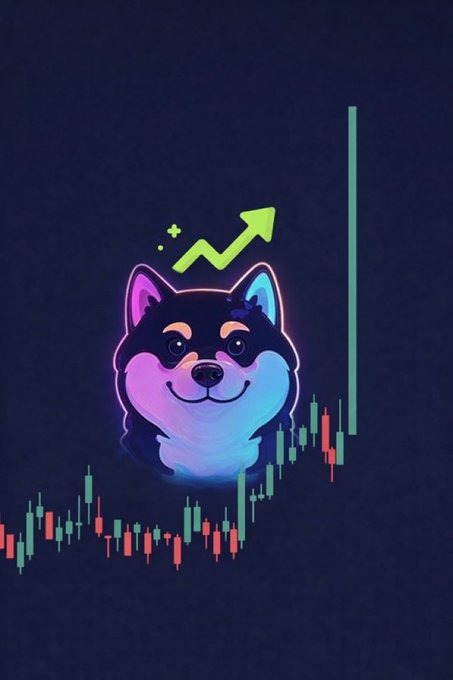 A neon-styled Shiba Inu dog illustration glows against a dark blue background, surrounded by an upward-trending green candlestick chart and arrow symbolizing bullish momentum—visually reinforcing the "$MANYU" dark Shiba-themed crypto takeover promoted in the post.