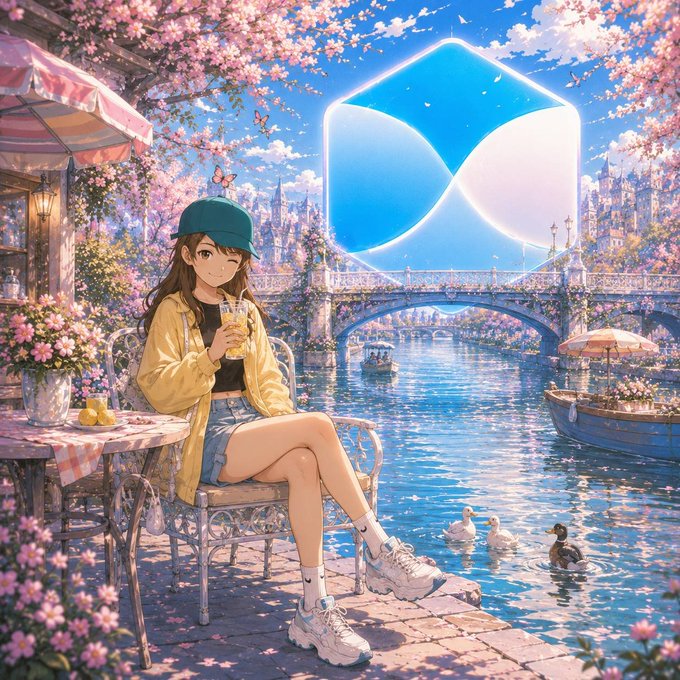 An anime-style illustration of a girl in a yellow jacket and teal cap sitting at a café by a canal with a large blue cube logo floating above a bridge in the background.