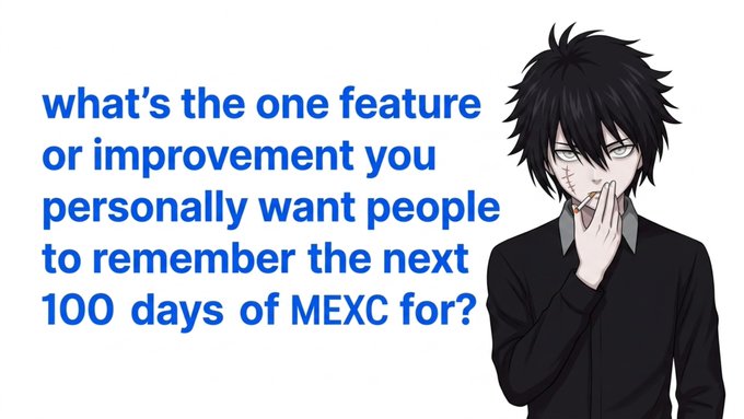An anime character with glasses and black hair against text asking: "what's the one feature or improvement you personally want people to remember the next 100 days of MEXC for?"