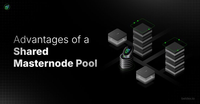 A dark-themed presentation slide titled 'Advantages of a Shared Masternode Pool' featuring a 3D graphic of interconnected server nodes and stacks of coins.