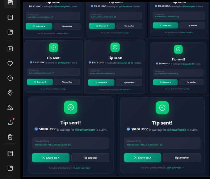 The image shows a dashboard displaying multiple "Tip sent!" notifications for USDC cryptocurrency tips in amounts of $10 and $20, with transaction hashes visible for each pending claim by usernames like @hesamy096, @kreativknsh, @0xenmyah, @hesycole, @smurce_ot_96, @xapslend, @eeshamoore, and @herofweb3, confirming the $100 distribution mentioned in the post.