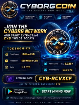 A promotional graphic for 'CYBORGCOIN - THE SECURE PROTOCOL V1.0' showing tokenomics like 1 Billion CYB total supply and a referral code 'CYB-RCVXCF' for 'START MINING NOW'.