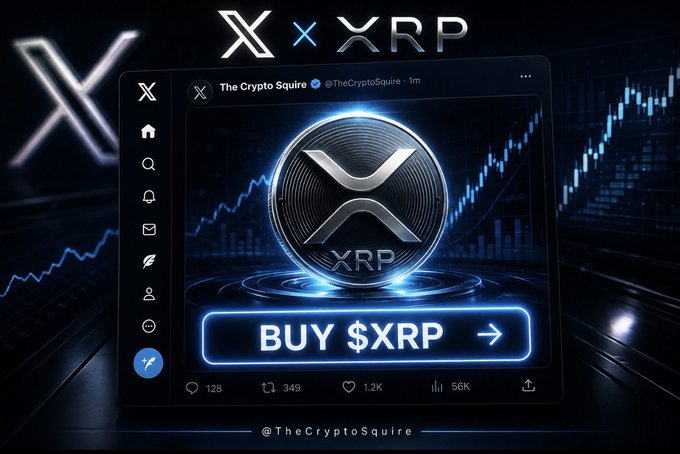 The image features a stylized graphic of an X (formerly Twitter) post from @TheCryptoSquire promoting the ability to "BUY $XRP" directly on the platform, with a glowing XRP coin and rising chart in the background. The post aligns with the announcement that X will reportedly allow users to buy and trade crypto directly from the timeline, specifically highlighting XRP as one of the assets available.