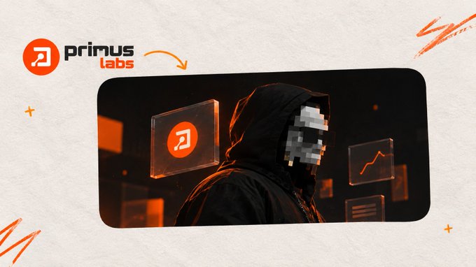 A promotional graphic for 'primus labs' features an orange and black color scheme, displaying a hooded figure with a pixelated face alongside digital icons.