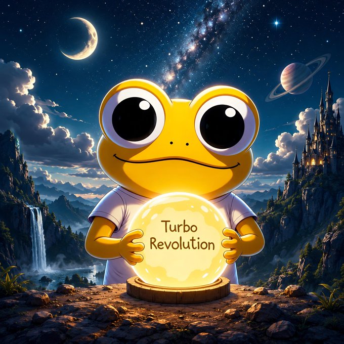 A cartoonish, wide-eyed yellow frog character wearing a white t-shirt, holding a glowing crystal ball with the text 'Turbo Revolution' written on it, set against a fantasy background with a starry sky, planets, and a castle.