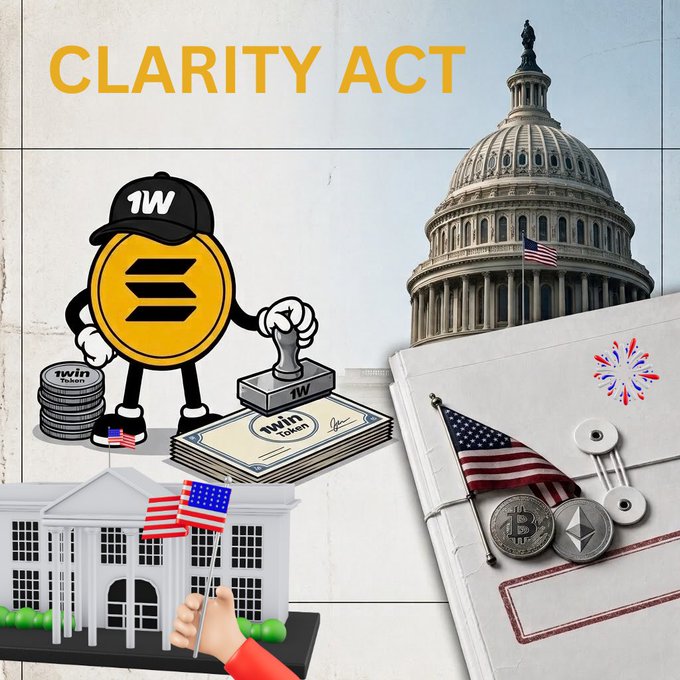 A graphic titled 'CLARITY ACT' featuring the U.S. Capitol building, a cartoon 1Win coin character stamping documents, an American flag, and a folder containing a USDC token and a Bitcoin coin.