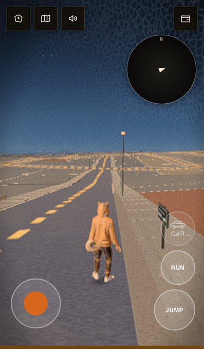 A screenshot from a mobile video game showing a humanoid character with animal ears walking down a desert road, featuring an interface with a minimap, a movement joystick, and on-screen buttons for 'CAR', 'RUN', and 'JUMP'.