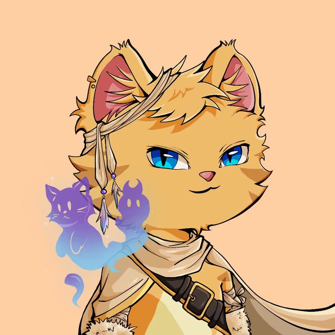 Chibi-style illustration of an orange cat adventurer with blue eyes, a white headband, and a small purple ghost companion floating beside it.