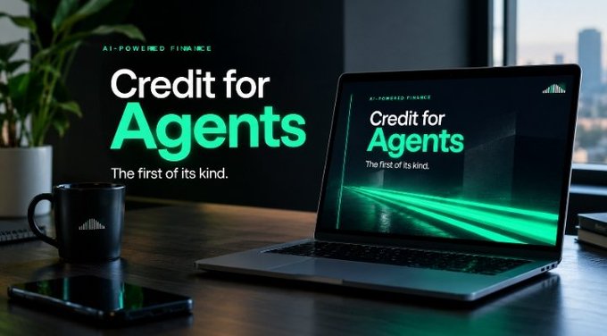 A promotional image displaying 'Credit for Agents - The first of its kind' branding on a laptop screen and background, with the same logo visible on a black coffee mug.