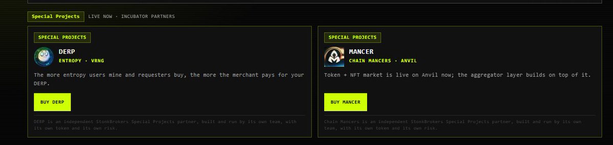 A dark-themed webpage showing Special Projects 'DERP' (Entropy, VRNG) and 'MANCER' (Chain Mancerse, Anvil) with 'BUY' buttons and descriptions.