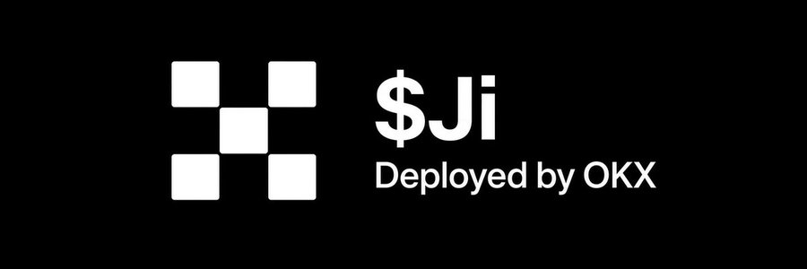 The image displays the "$Ji" ticker logo with the tagline "Deployed by OKX" alongside a checkered pattern graphic on a black background, representing one of the OKX test tokens that the accompanying post addresses as being created for deployment and functional testing purposes only.