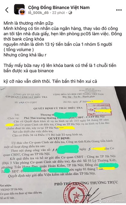 A Vietnamese social media post by 'Cộng đồng Binance Việt Nam' (lỗ_500k_đồ) discussing a personal p2p trading incident on Binance where a fraud claim was filed with the police (PC05) regarding 13 billion VND, accompanied by a photo of an official investigation decision document.
