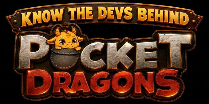 A metallic game logo reading 'KNOW THE DEVS BEHIND POCKET DRAGONS' features a cute orange dragon mascot peeking out of a pocket in the lettering.