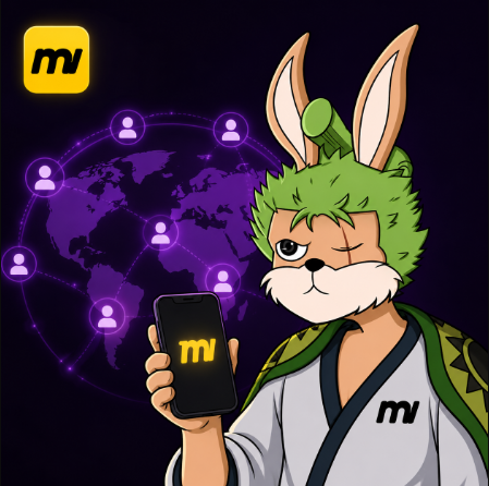 The image features a green rabbit-like character dressed in a white robe with an "mv" logo, holding a smartphone displaying the "mv" app, set against a backdrop of a global network with user icons connected across a world map. It illustrates the post's message about @moovexyz simplifying Web3 onboarding by making crypto accessible and user-friendly for newcomers worldwide.