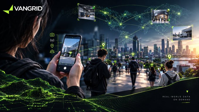 A futuristic 'VANGRID' promotional graphic showing a person holding a smartphone with a global network of location pins and building photos overlaid on a city skyline, captioned 'REAL-WORLD DATA ON DEMAND'.