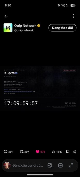 A screenshot of an X (Twitter) post by Quip Network (@quipnetwork) displaying a code editor interface with a running countdown timer at '17:09:59:57' and high engagement metrics including 131K views.