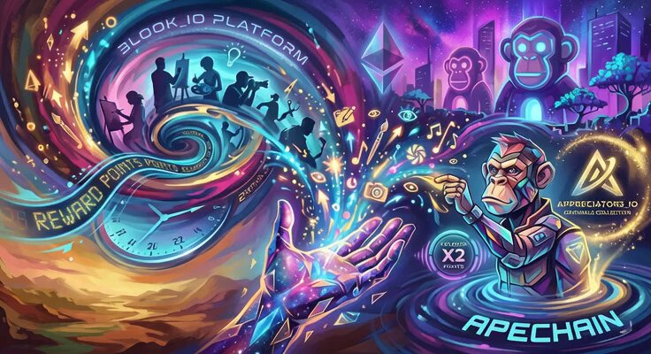 The image features an illustration with a monkey holding a gun, surrounded by various people and buildings. The background includes a colorful sky filled with stars and planets, creating a futuristic atmosphere. The text at the bottom of the image reads "@3look_io platform has launched a decentralized network of creators", indicating that this project is focused on promoting genuine audience response through NFTs (Non-Fungible Tokens).